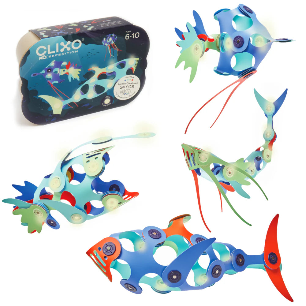 Colorful fish-shaped toys with Clixo branding on a white background