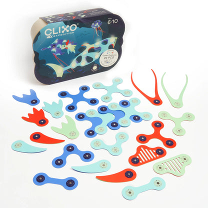 Colorful pieces and packaging with 'Clixo' branding on a white background