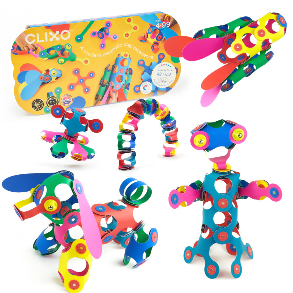 Colorful magnetic building toys with packaging on a white background