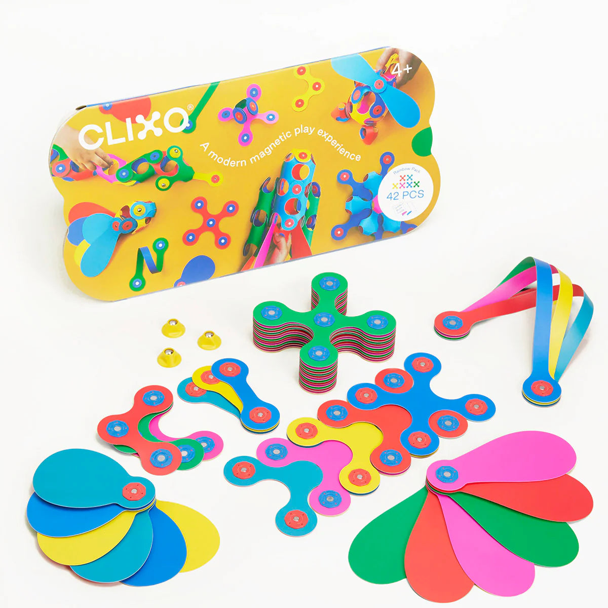 Colorful Clixo toy set with packaging on a white background