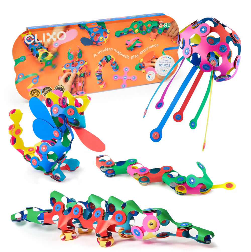 Colorful magnetic toy set with packaging on a white background