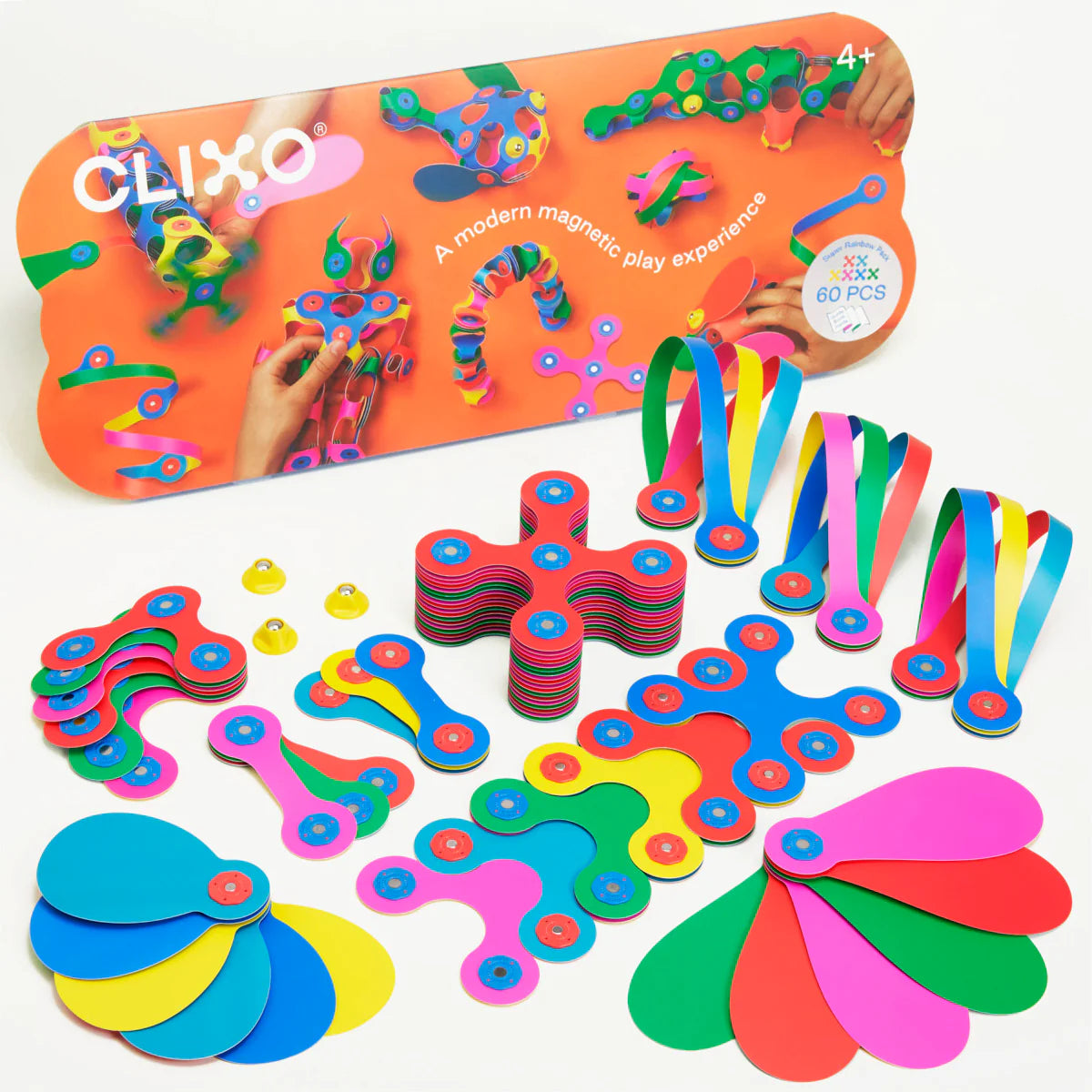 Colorful magnetic play set with packaging featuring the brand 'Clixo'.