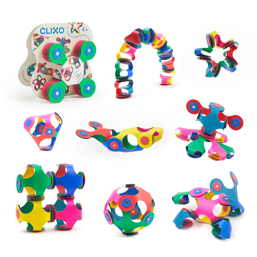 Colorful toy set with various shapes on a white background, featuring the brand 'Clixo'.