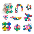 Colorful toy set with various shapes on a white background, featuring the brand 'Clixo'.