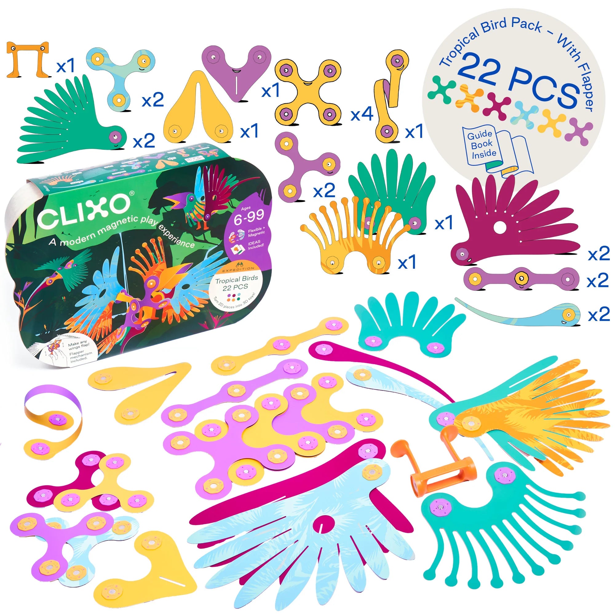 Clixo magnetic play set with colorful pieces and packaging on a white background