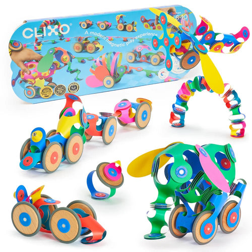 Colorful magnetic building toys with packaging on a white background