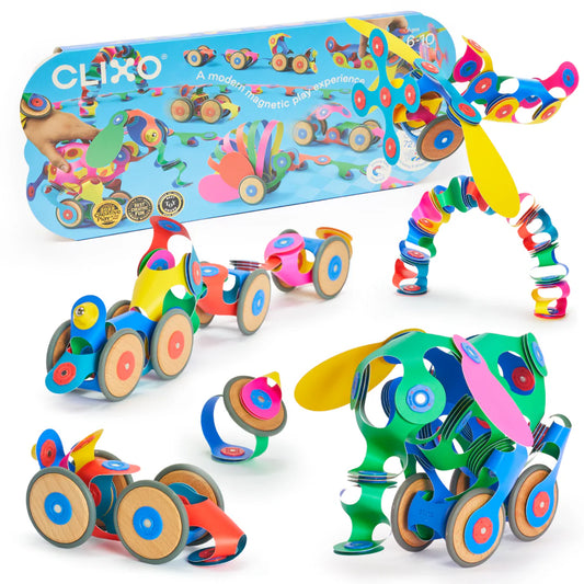 Colorful magnetic building toys with packaging on a white background