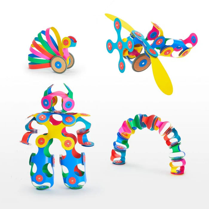 Set of colorful toy figures on a white background