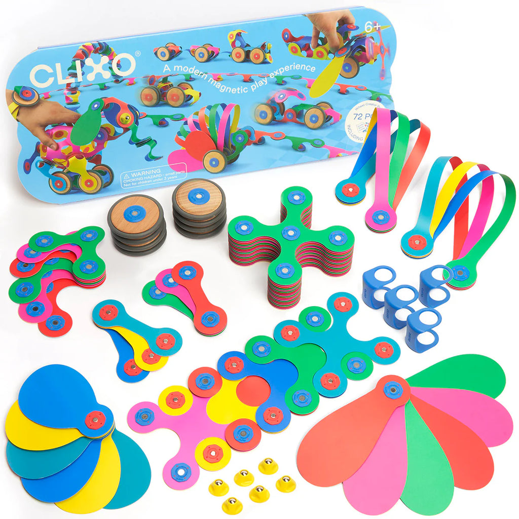 Colorful magnetic play set with packaging on a white background