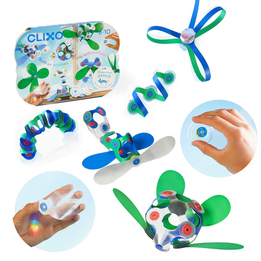 Collage of CIixo building toys with packaging on a white background