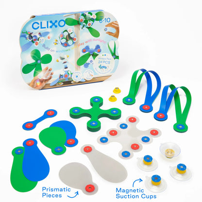 Clixo magnetic toy set with prismatic pieces and magnetic suction cups on a white background