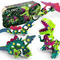 Colorful dinosaur toy set with Clixo packaging on a white background