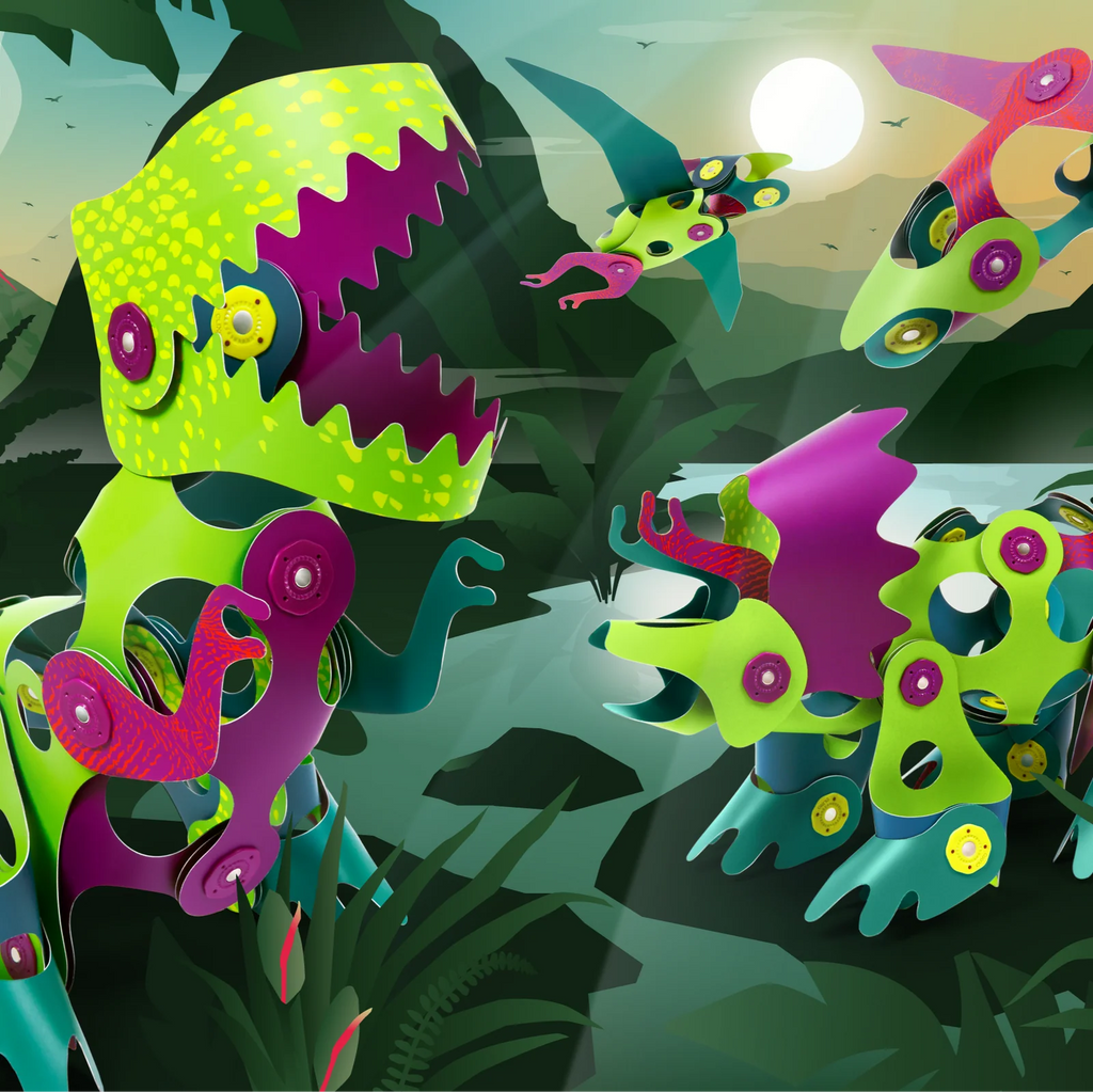 Colorful dinosaur-like creatures in a jungle setting