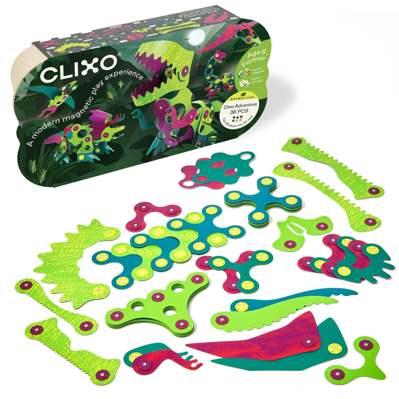 Clixo magnetic play set with colorful pieces on a white background