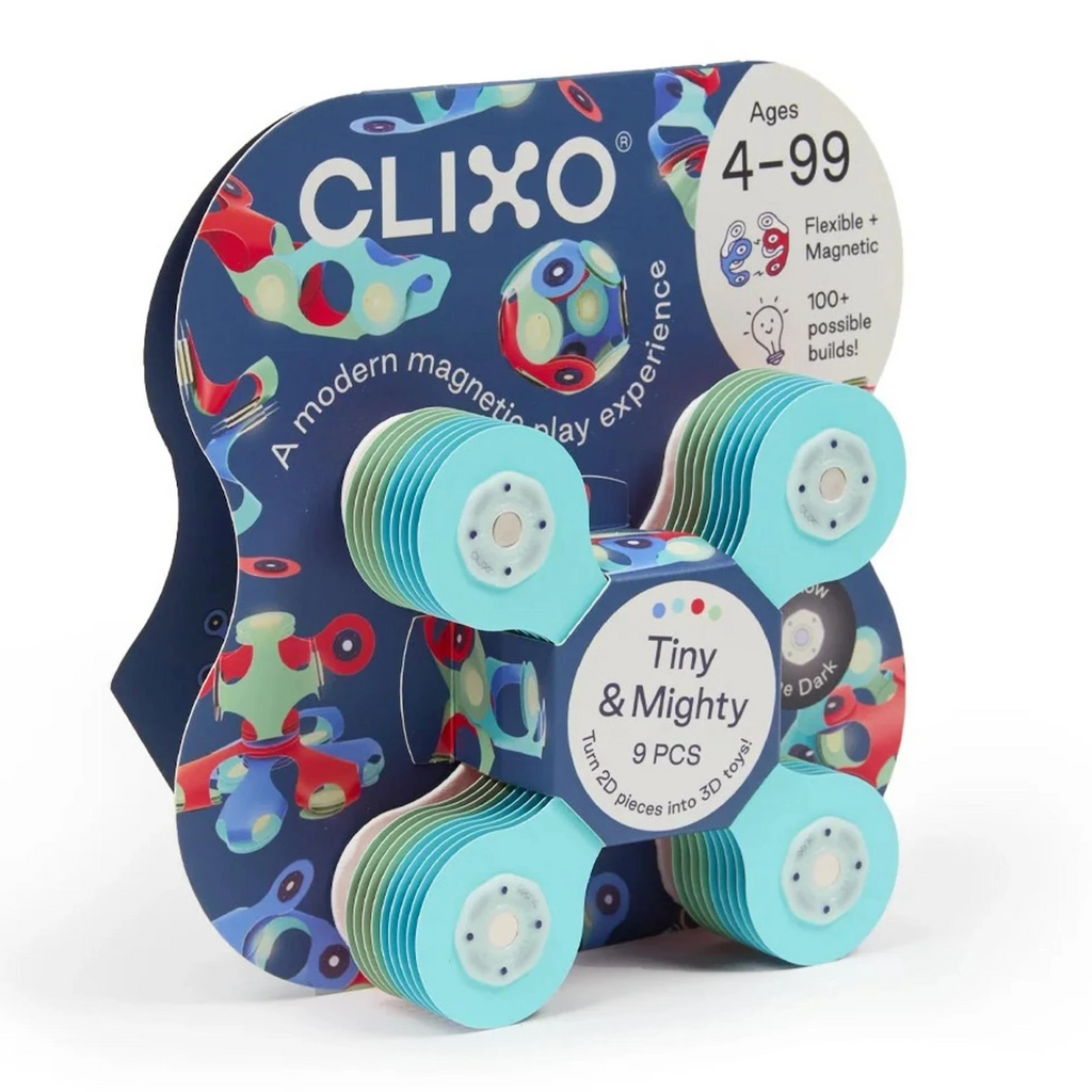 Clixo magnetic play set packaging with colorful design and text on a white background