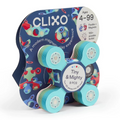 Clixo magnetic play set packaging with colorful design and text on a white background