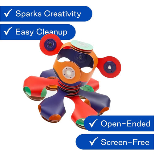 Colorful toy with features listed as 'Sparks Creativity', 'Easy Cleanup', 'Open-Ended', and 'Screen-Free' on a white background.