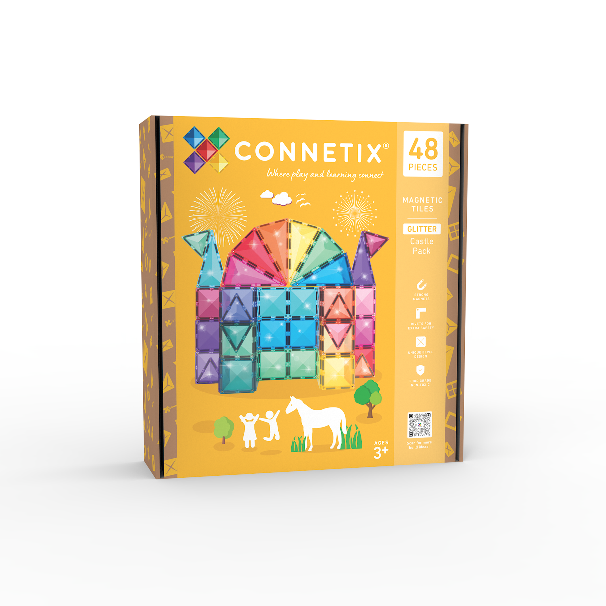 Connetix toy packaging with colorful geometric shapes on a yellow background