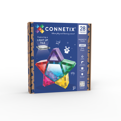 Connetix magnetic tiles packaging with colorful tiles on a white background