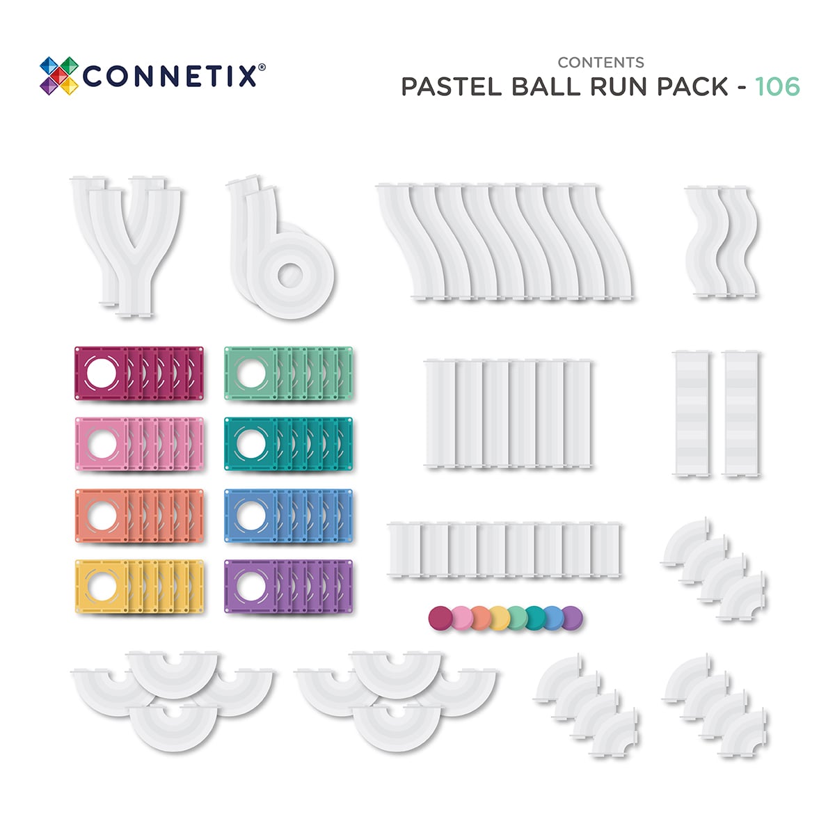 Pastel ball run pack by Connetix with various plastic components on a white background