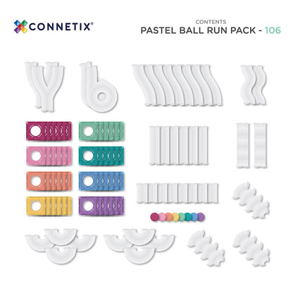 Pastel ball run pack by Connetix with various plastic components on a white background