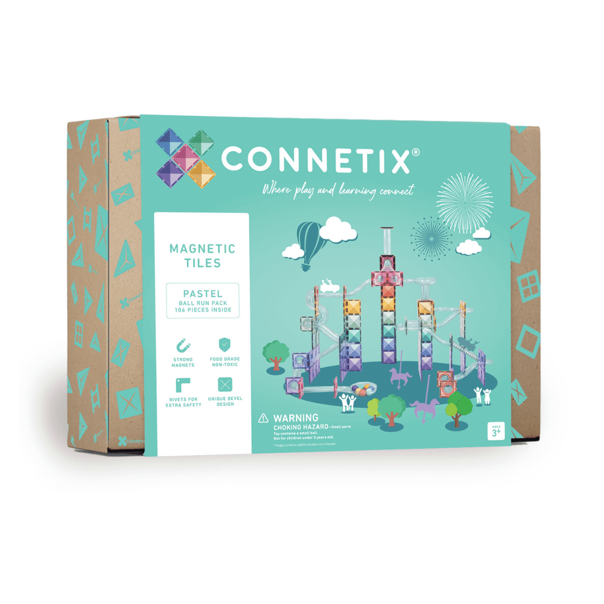 Connetix magnetic tiles packaging with colorful design on a white background
