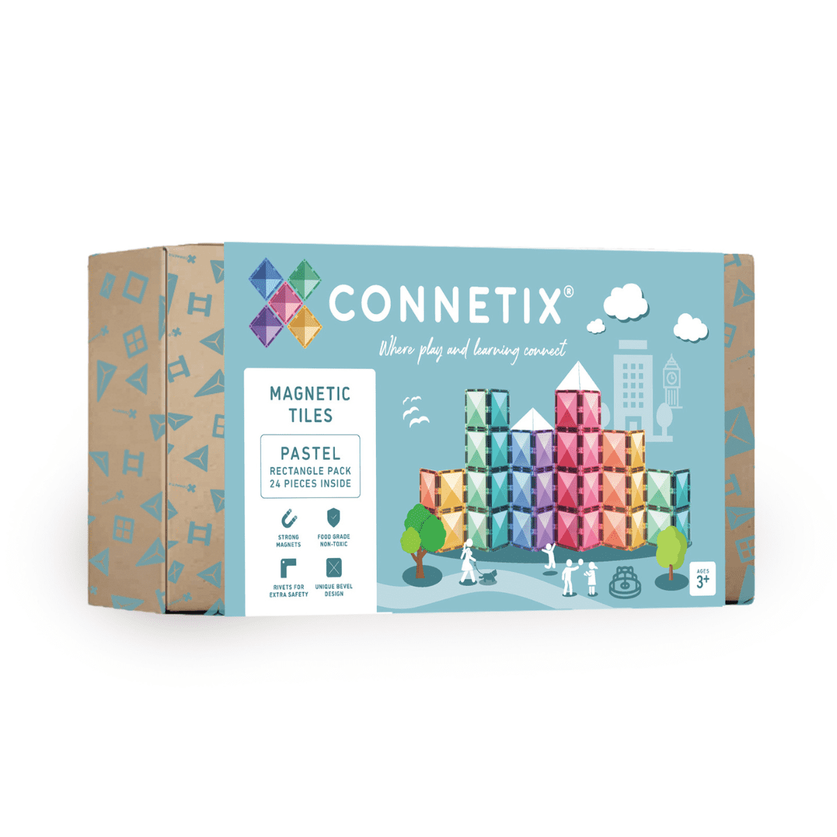 Connetix magnetic tiles packaging with pastel color scheme on a white background