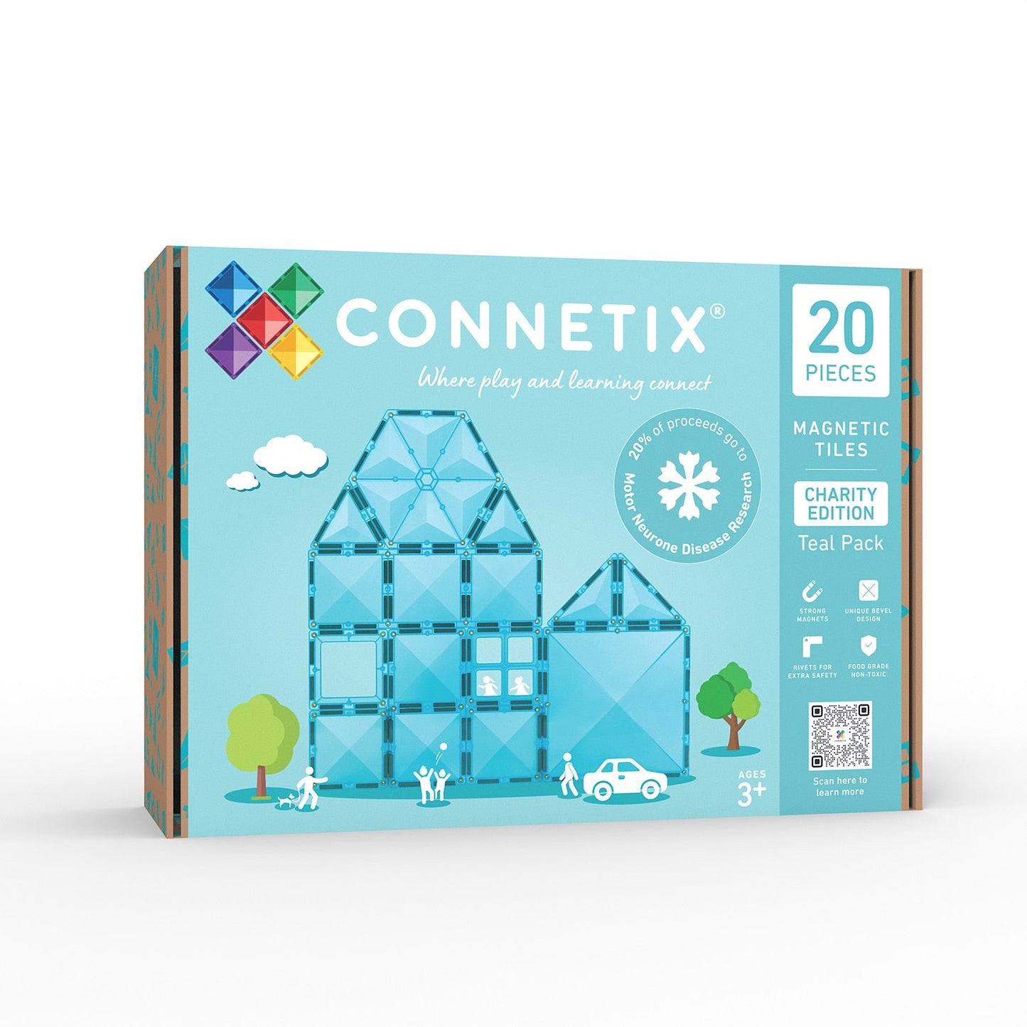 Connetix magnetic tiles packaging with blue house design on a white background