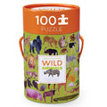 A 100-piece puzzle depicting various wild animals, packaged in a cylindrical container with a green background and illustrations of animals such as a giraffe, lion, and rhinoceros. The container has a orange lid and handles for easy carrying.