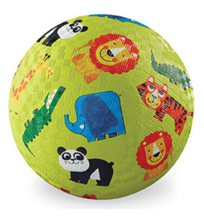 A multicolored playground ball with animal illustrations, including a lion, elephant, and crocodile, among others.
