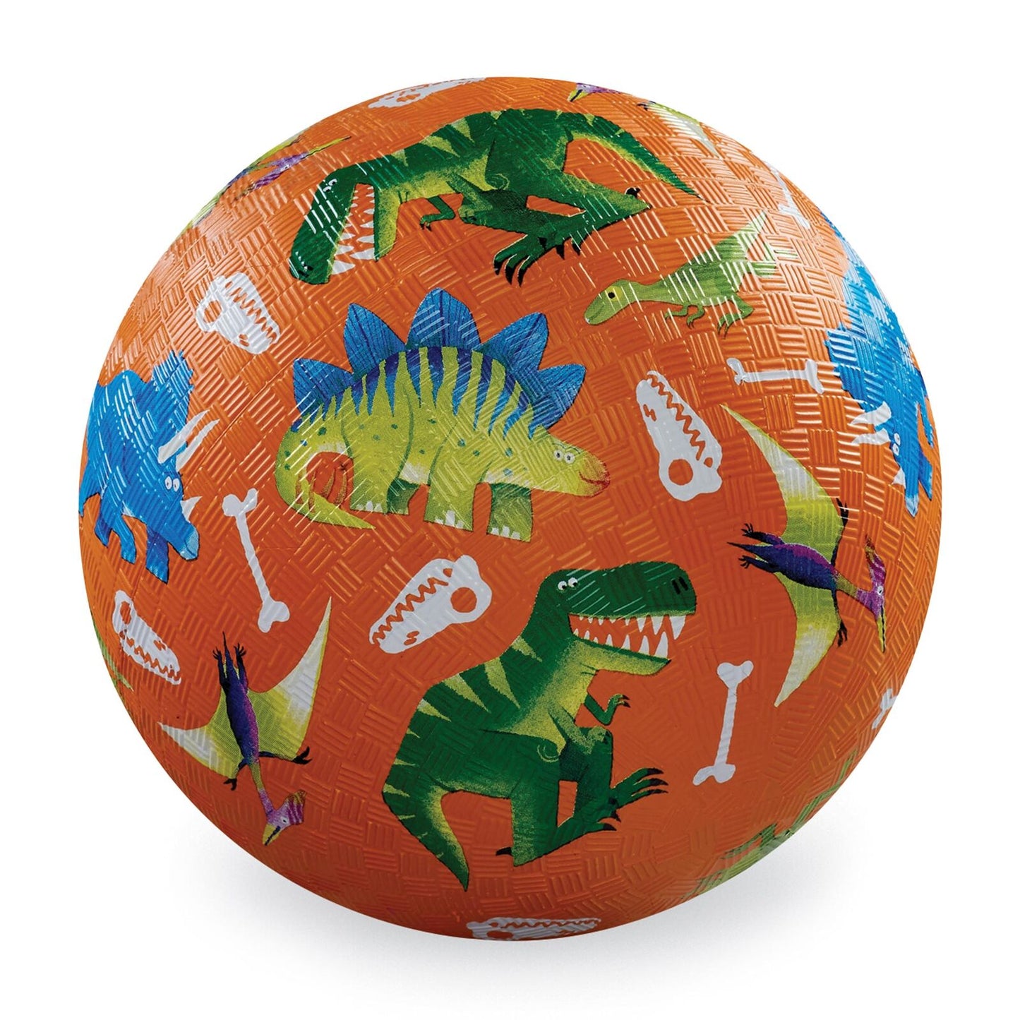 A 7 inch playground ball with a textured surface featuring multicolored dinosaur illustrations on an orange background.