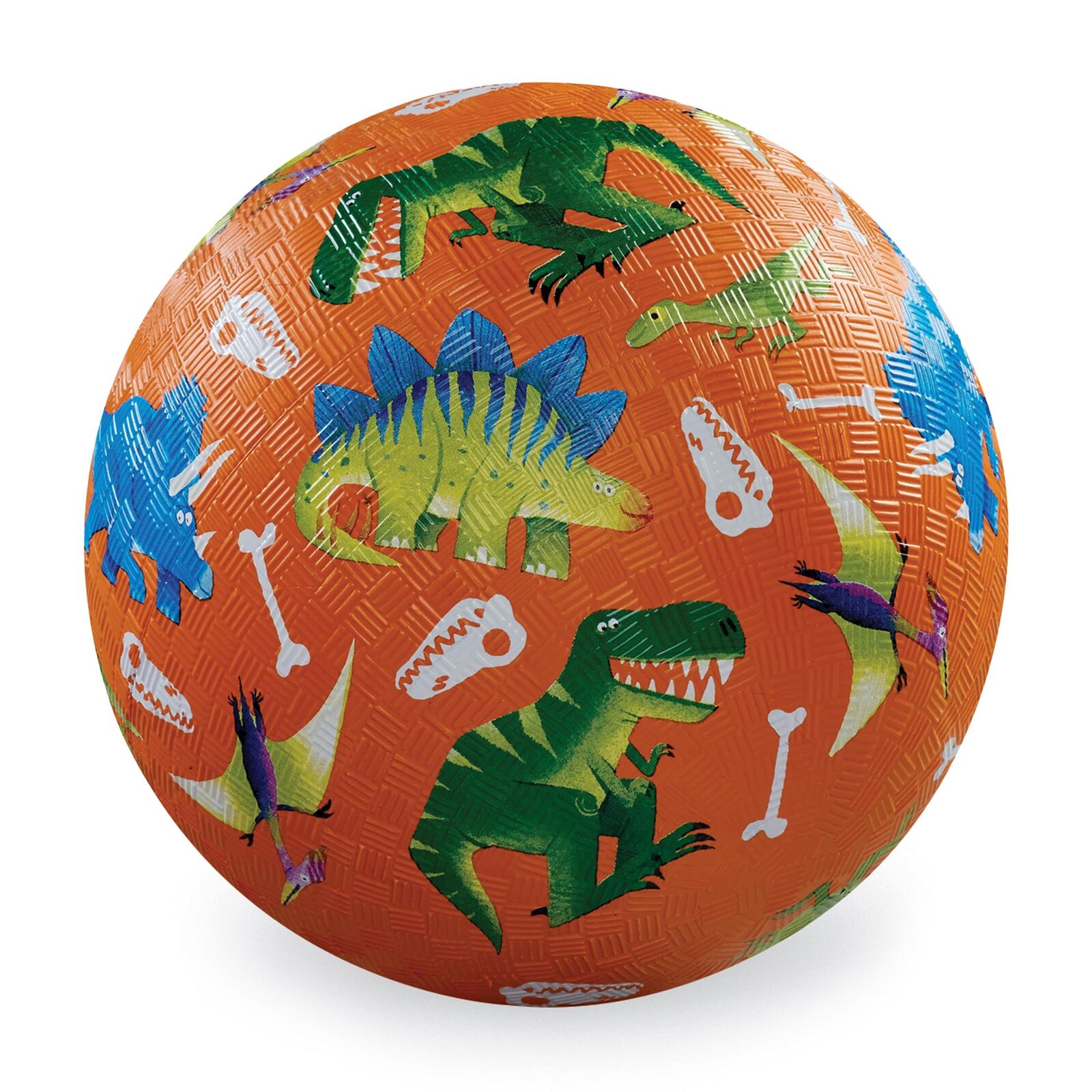 A 7 inch playground ball with a textured surface featuring multicolored dinosaur illustrations on an orange background.