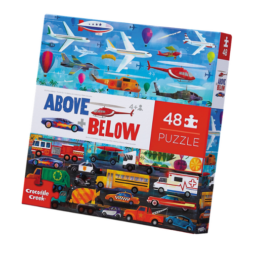 A colourful puzzle box with illustrations of various vehicles, labeled 'Above & Below 48 PUZZLE', featuring Crocodile Creek branding.