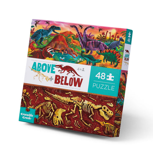 A 48-piece puzzle box with a colourful dinosaur world design, labeled 'Above & Below'. The box indicates the puzzle is suitable for ages 4+ and made by Crocodile Creek.