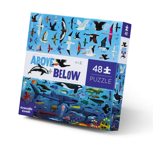 A packaged 48-piece puzzle depicting various animals in the sea and sky, titled 'Above & Below'. The box is colorful with illustrations of birds, fish, and other marine life.