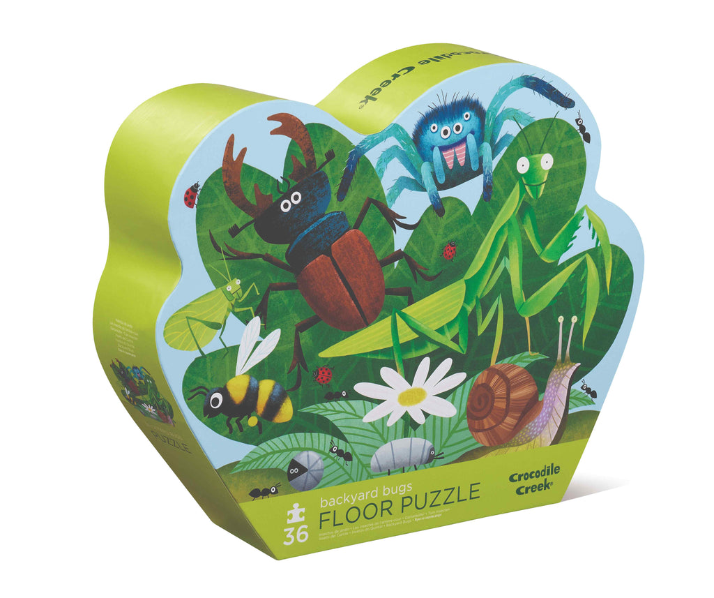 A colourful 36-piece floor puzzle box with a design of various backyard bugs such as a ladybug, grasshopper, and snail on a green background.