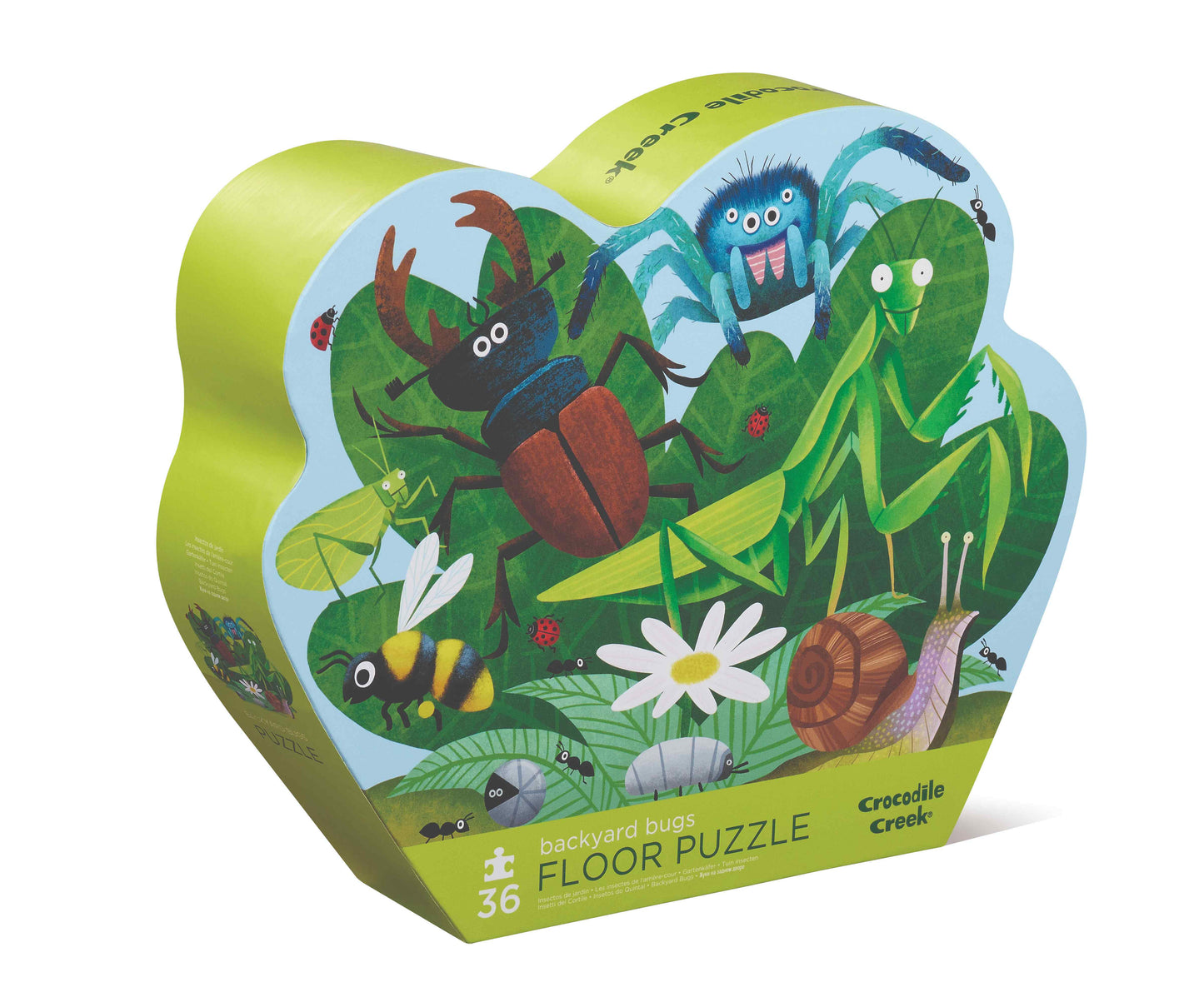 A colourful 36-piece floor puzzle box with a design of various backyard bugs such as a ladybug, grasshopper, and snail on a green background.