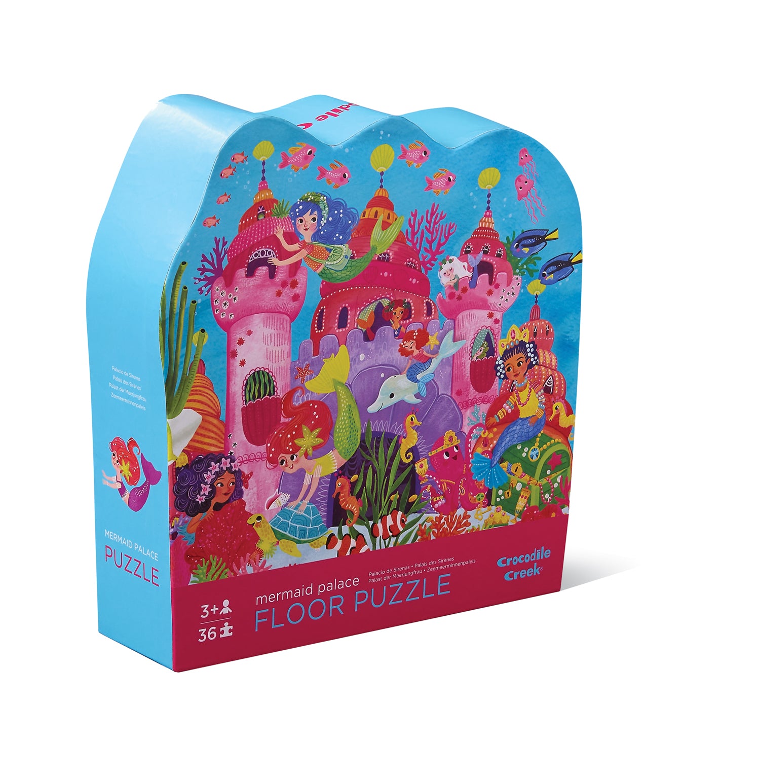 A colourful mermaid-themed floor puzzle with 36 pieces, depicted in a contour-shaped box that displays the ocean floor scene with mermaids and treasure.