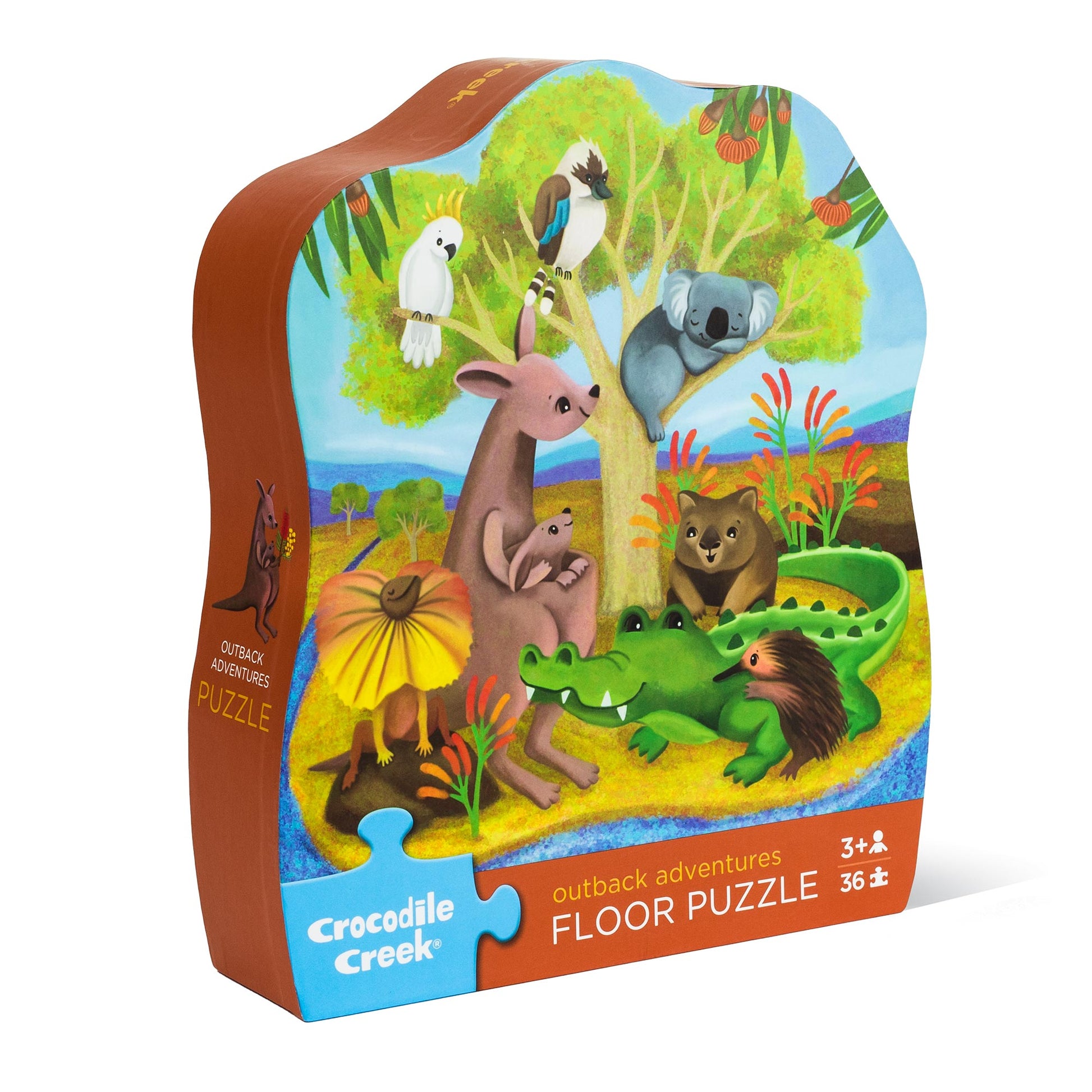 A 36-piece floor puzzle with a Australian outback theme, including characters such as a kangaroo, crocodile, and others, packaged in a contoured box.