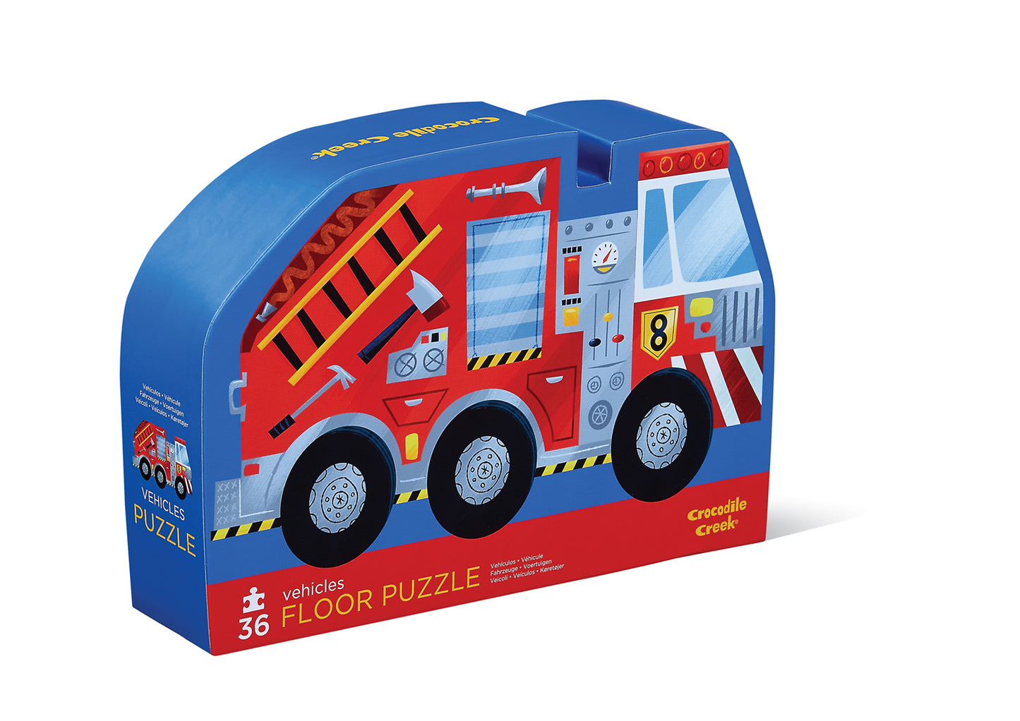 A 36-piece floor puzzle depicting a fire truck in vibrant colours, packaged in a unique contour-shaped box.