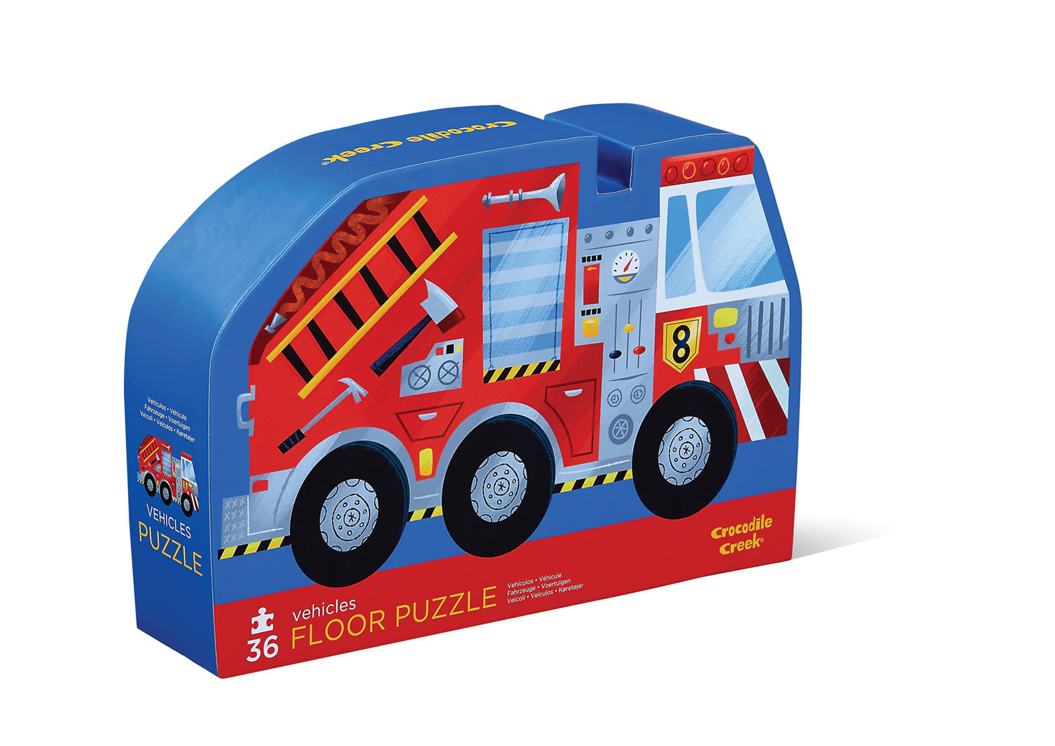 A 36-piece floor puzzle depicting a fire truck in vibrant colours, packaged in a unique contour-shaped box.