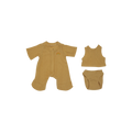 Set of mustard yellow baby clothing including a romper, tank top, and diaper on a white background.
