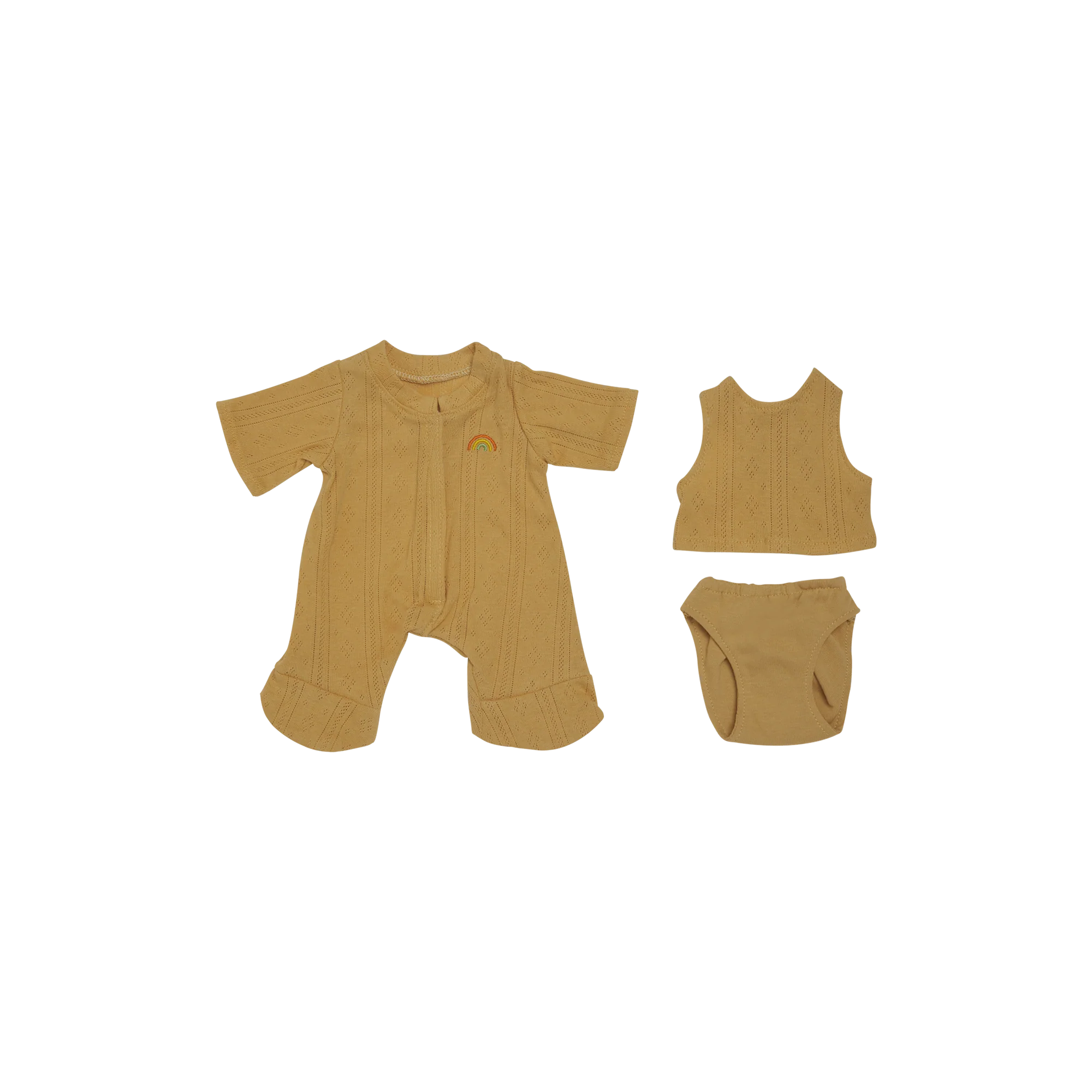 Set of mustard yellow baby clothing including a romper, tank top, and diaper on a white background.
