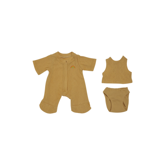 Set of mustard yellow baby clothing including a romper, tank top, and diaper on a white background.
