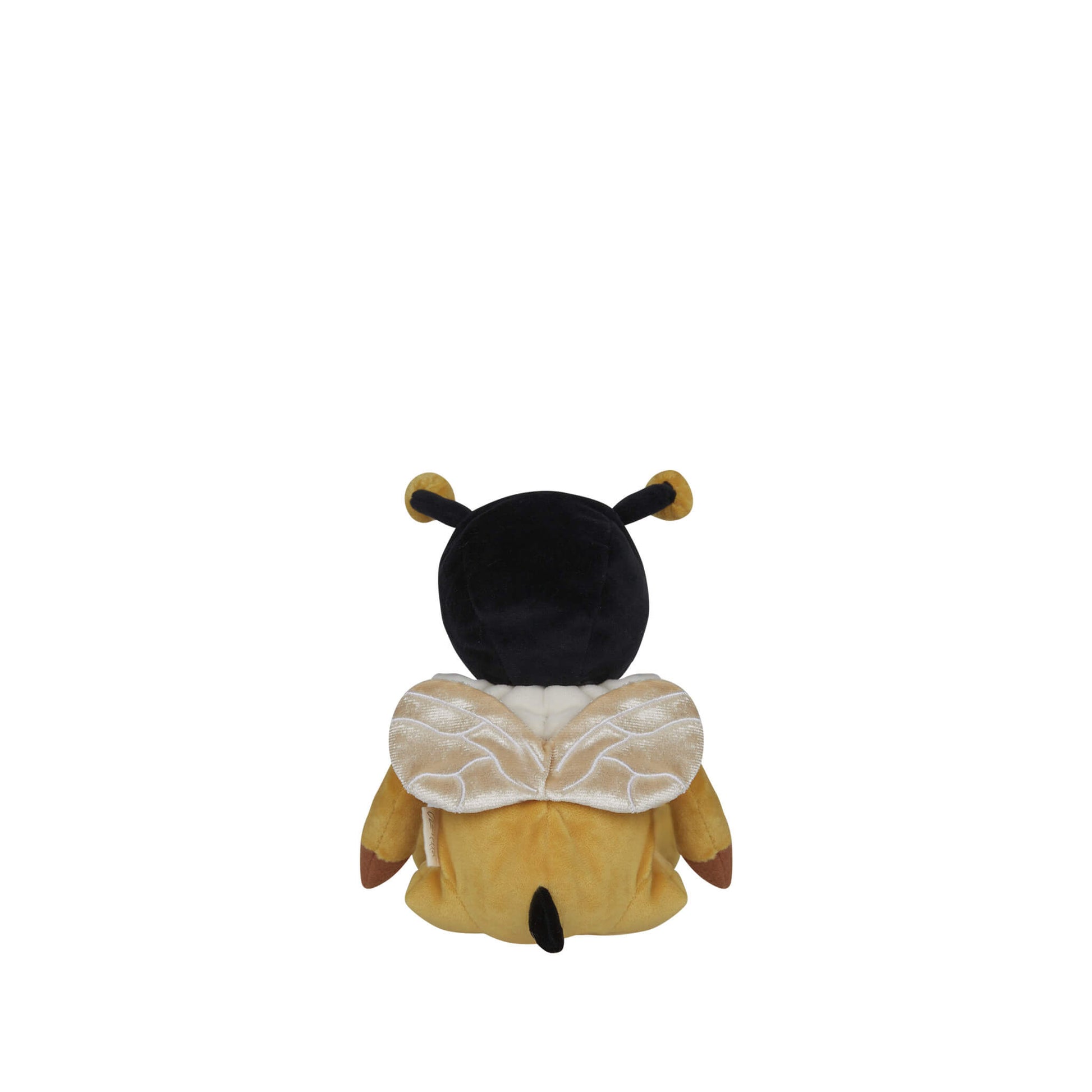 Plush toy bee with black head and yellow body on a white background