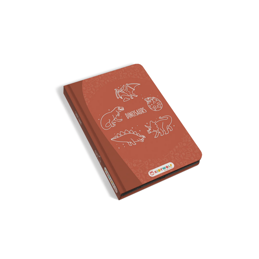 Red notebook with dinosaur illustrations on a white background