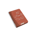 Red notebook with dinosaur illustrations on a white background