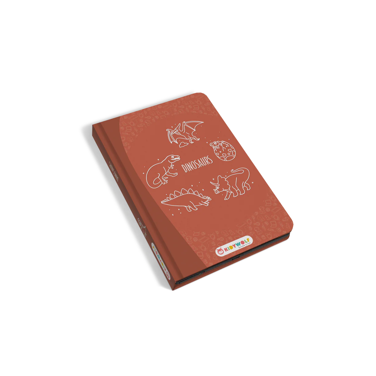 Red notebook with dinosaur illustrations on a white background