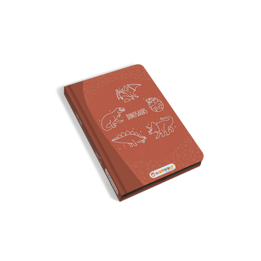 Red notebook with dinosaur illustrations on a white background