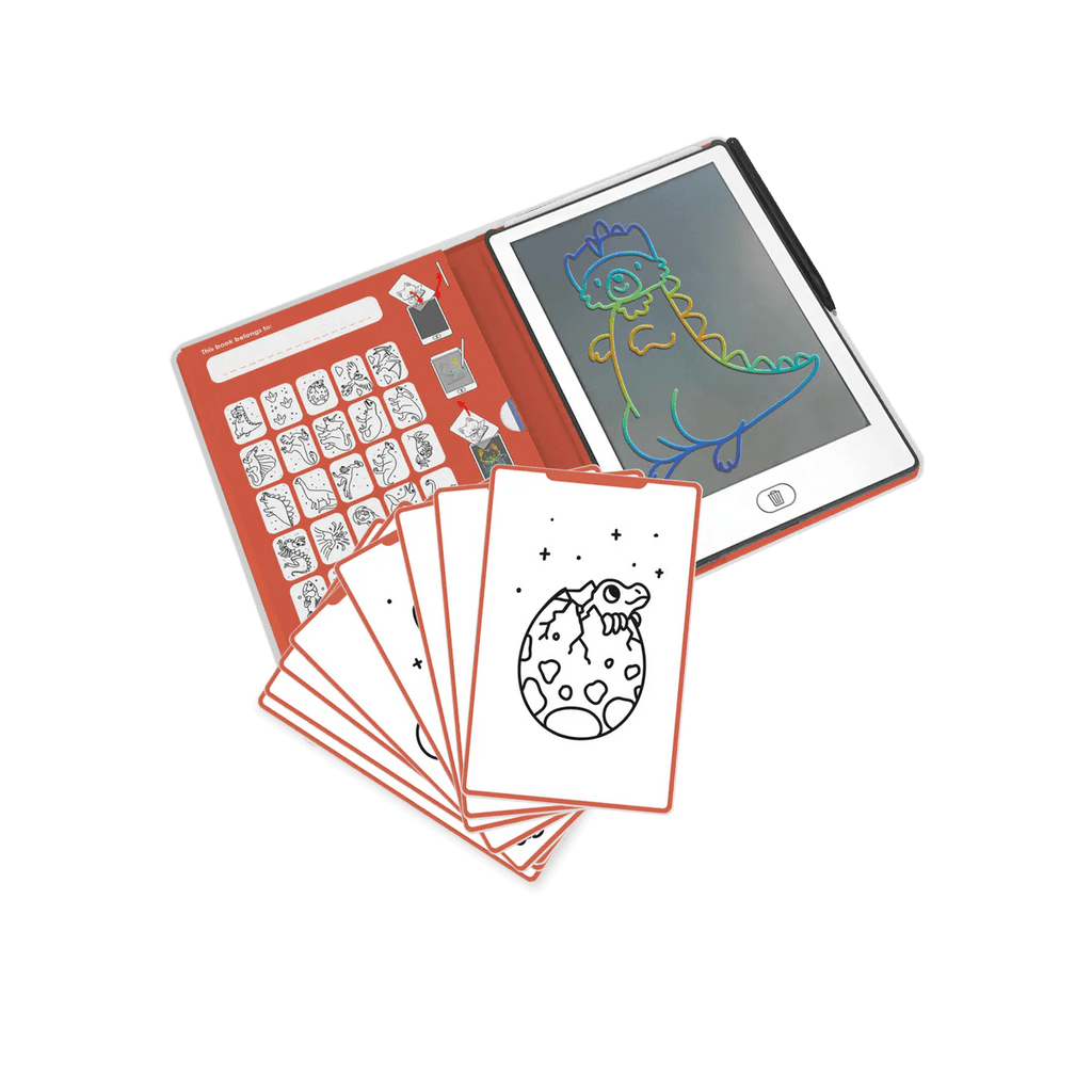 Children's drawing tablet with coloring sheets and stamps on a white background